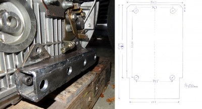 Square tube  38x40 mm  200 mm long fitted to engine. Later welded to the gearboxplate (5.6 mm thick).<br />The 6 hole engine plate 4 mm thick.