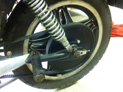 The back wheel assembled and fitted with the drive belt